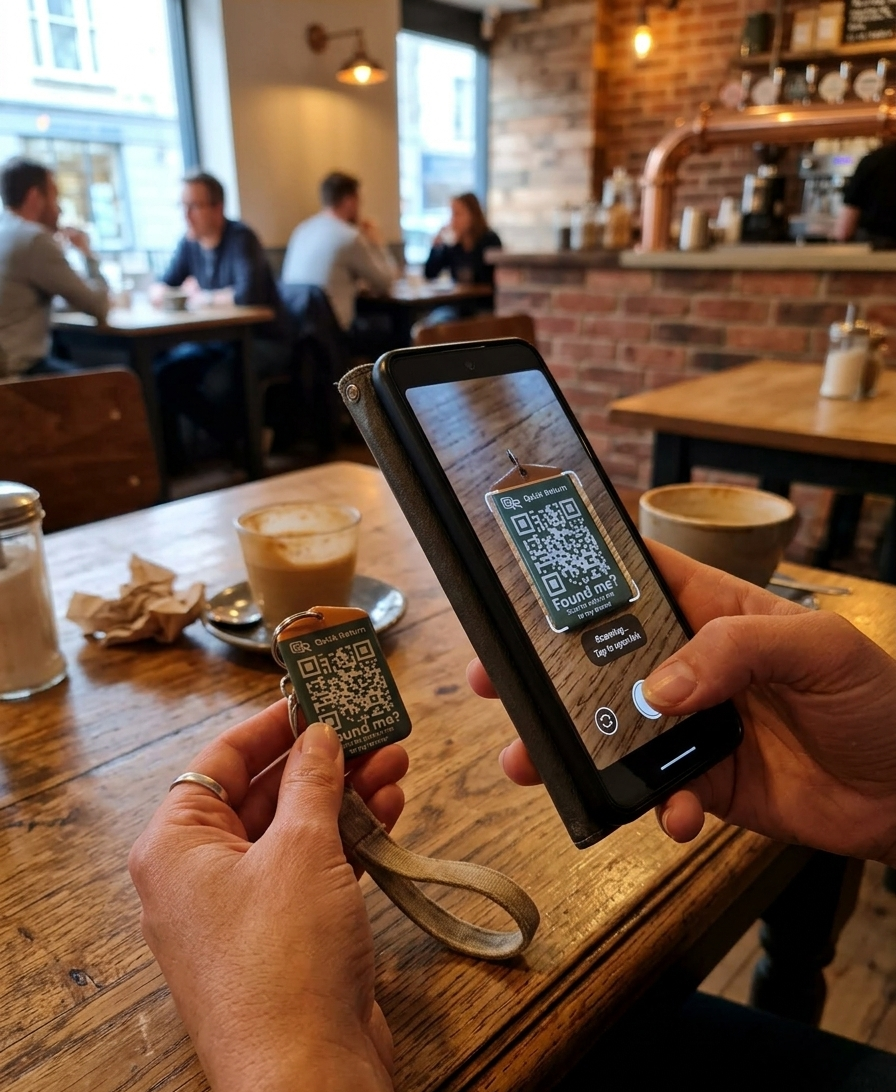 Scanning a QR keyring with a phone camera, an AirTag alternative that needs no app