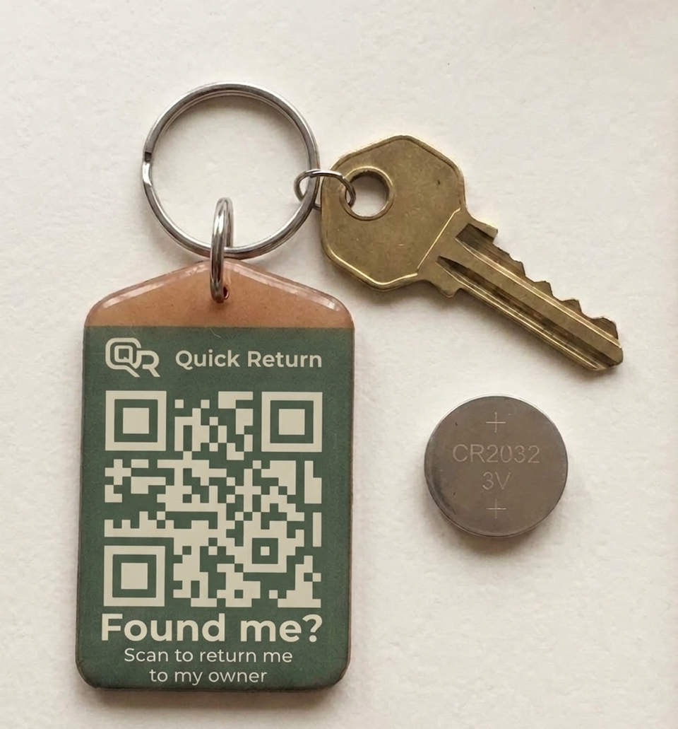 A CR2032 button battery beside a printed QR code sticker, showing the no-battery comparison