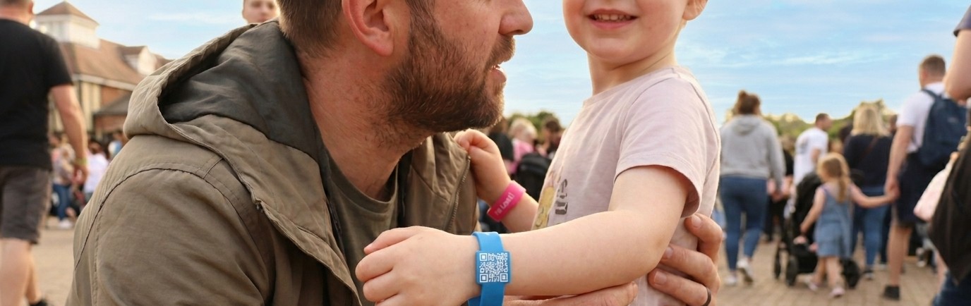 Dad and child agreeing a meeting point at a busy UK theme park, child wearing a QR wristband